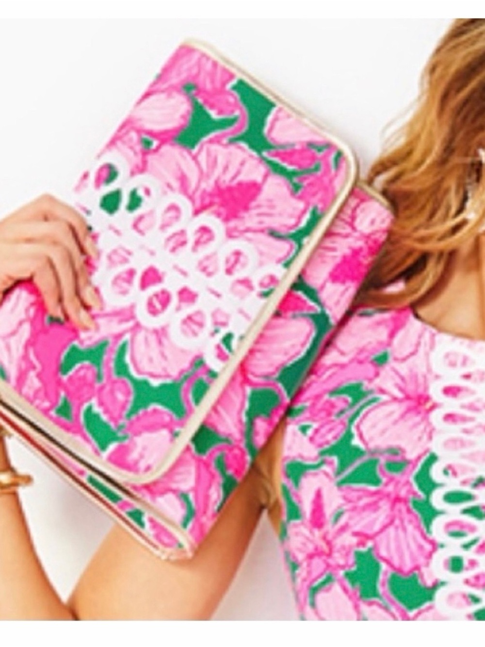 NEW Lilly Pulitzer Pink & Green Floral Envelope Clutch w/ white trim & Gold Trim - Picture 5 of 7